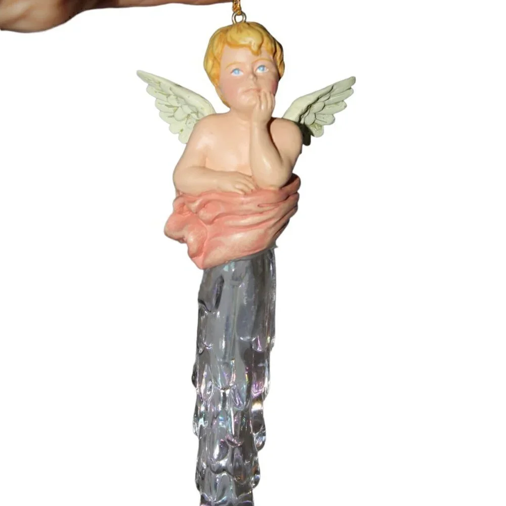 Vintage Icicle Angel tree ornament hand painted putty cherub holiday decoration